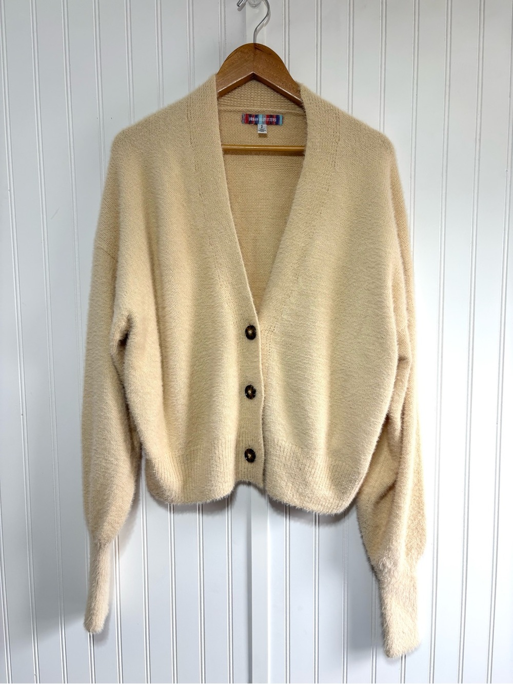 Urban Outfitters Cream Fuzzy Oversized Button Cardigan Sweater Size Small